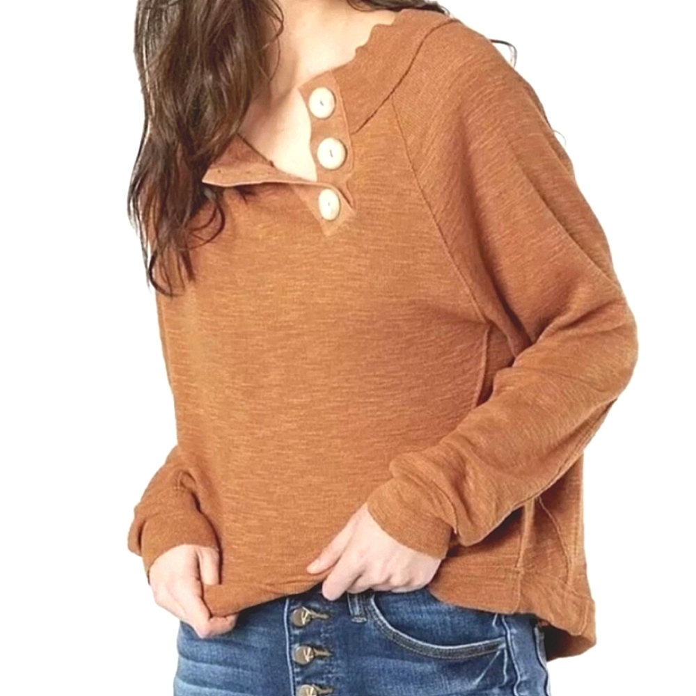 Free People Don't Forget Me Cocoa Brown Top 3 Buttons Boatneckline Size Small